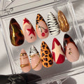 Set of nails cheetah print, zebra print, stars, tortoise shell print art designs in a clear display case