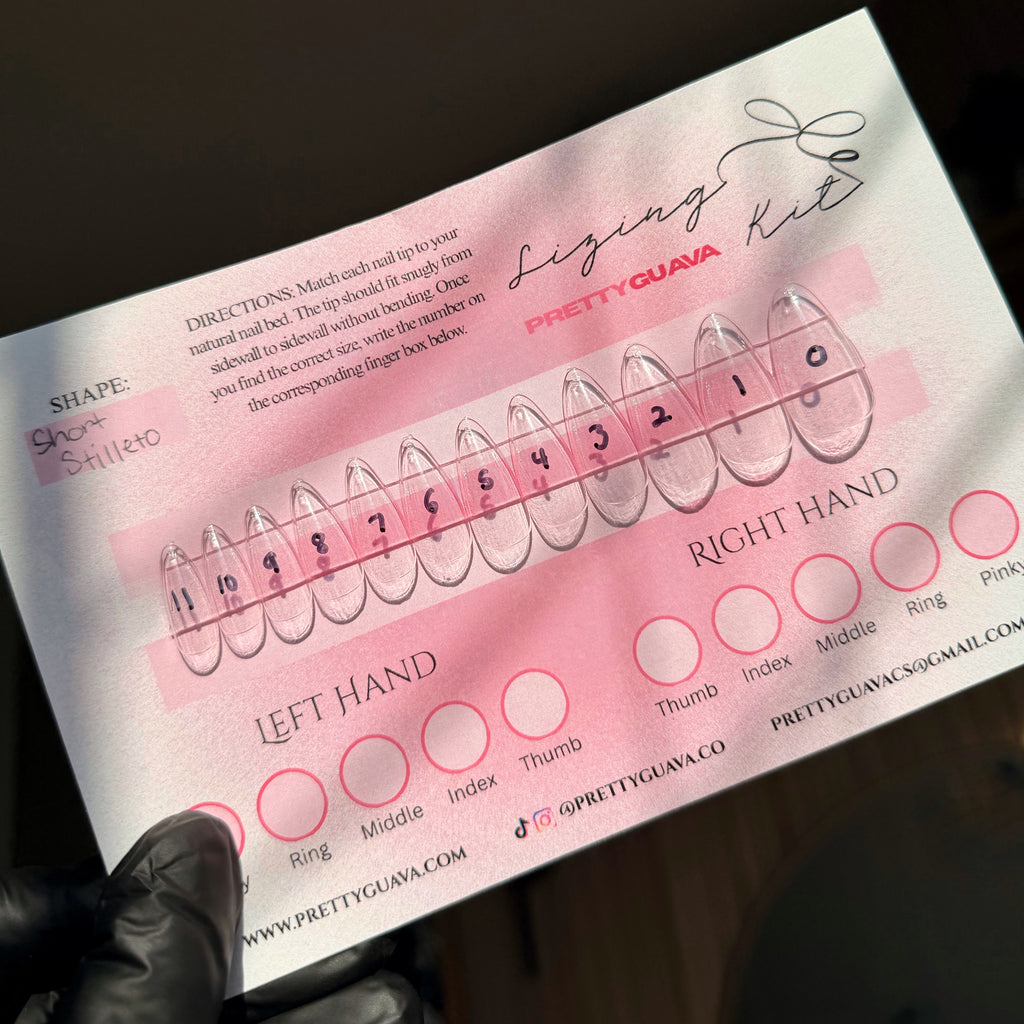 PrettyGuava sizing nail tip kit with clear nail tips and measurement chart.