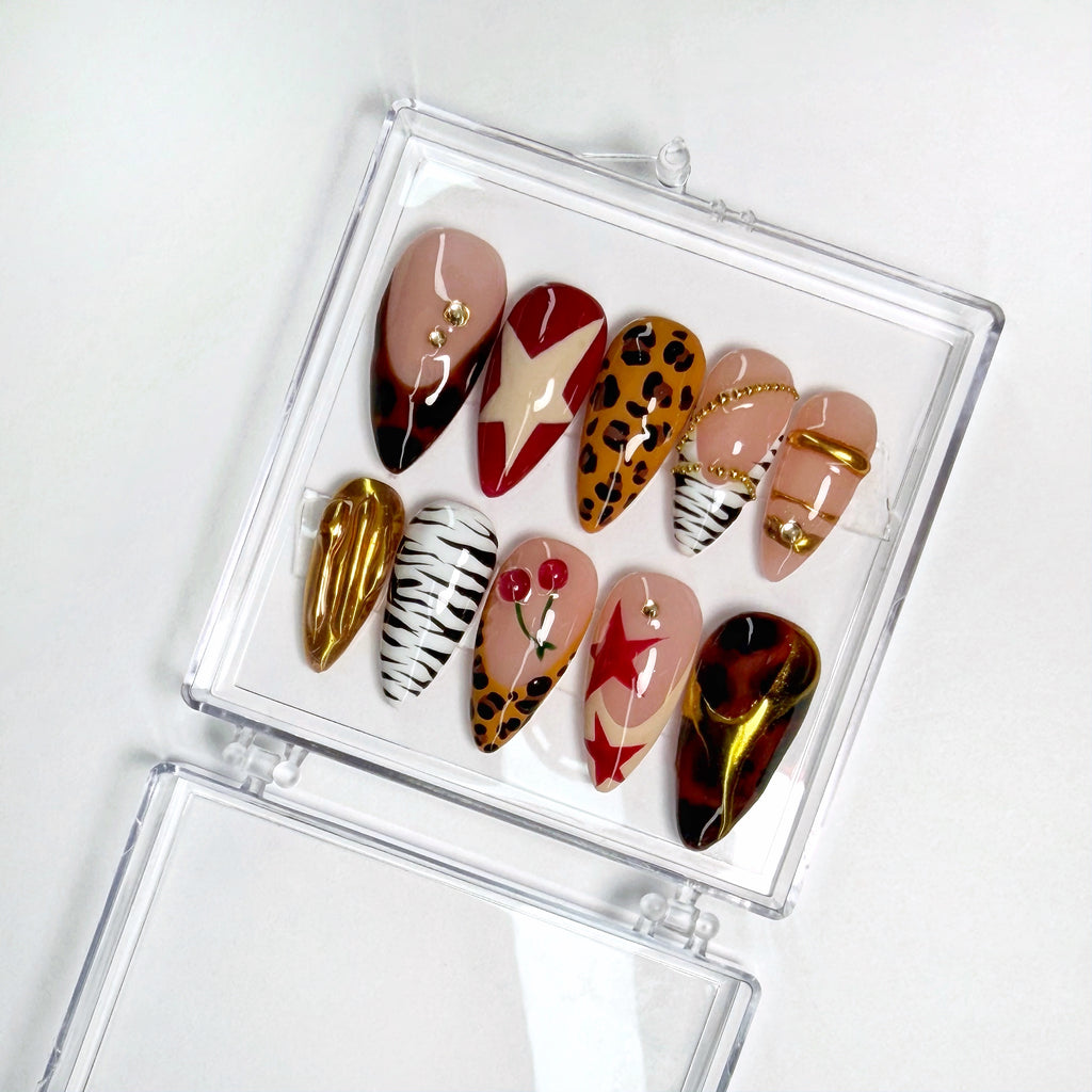 Set of decorative nail art designs in a clear case on a white background