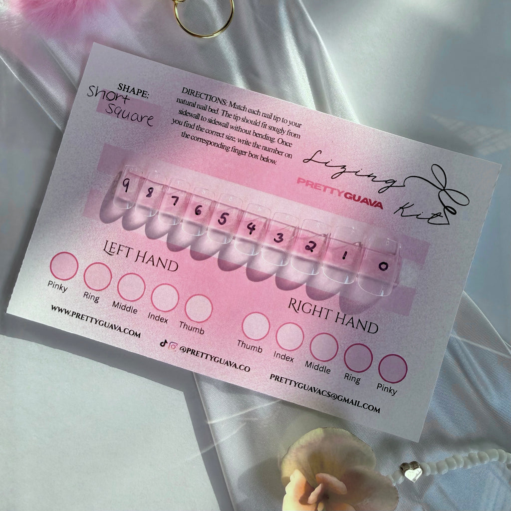 Pretty Guava nail tip kit with size chart on a white background