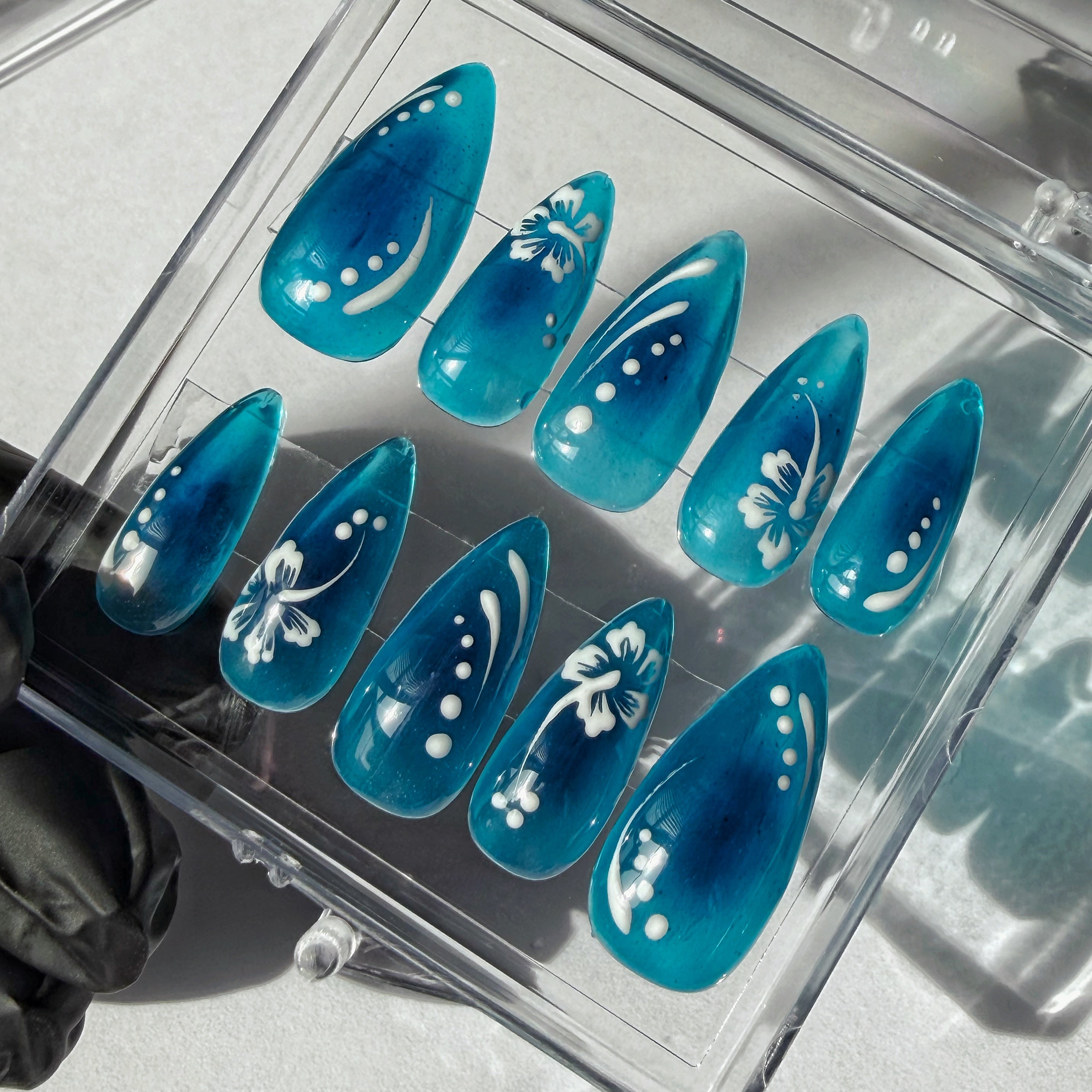 Set of blue nails with white flower nail art designs in a clear display case.