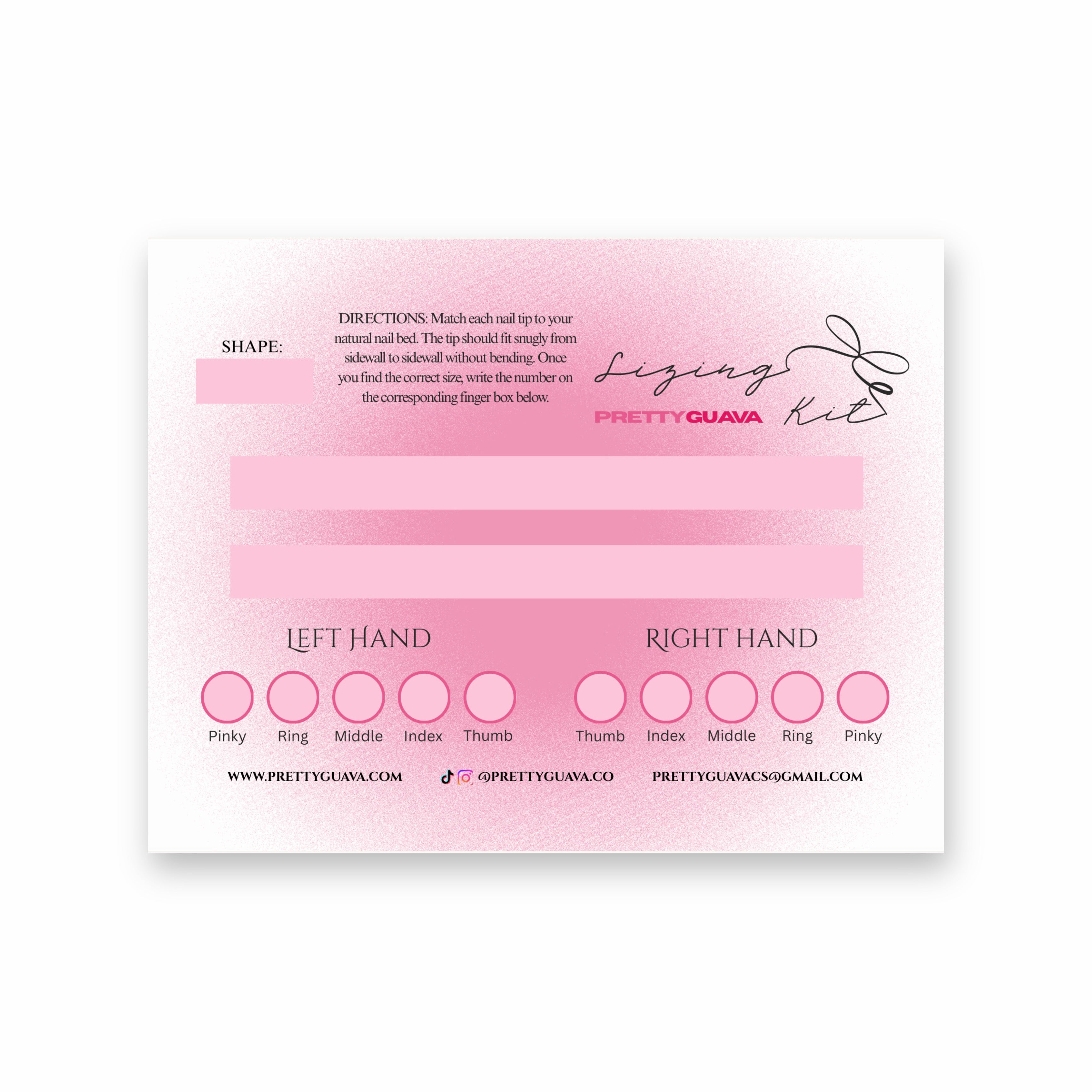 Pretty Guava nail sizing guide card with pink gradient design on a white background