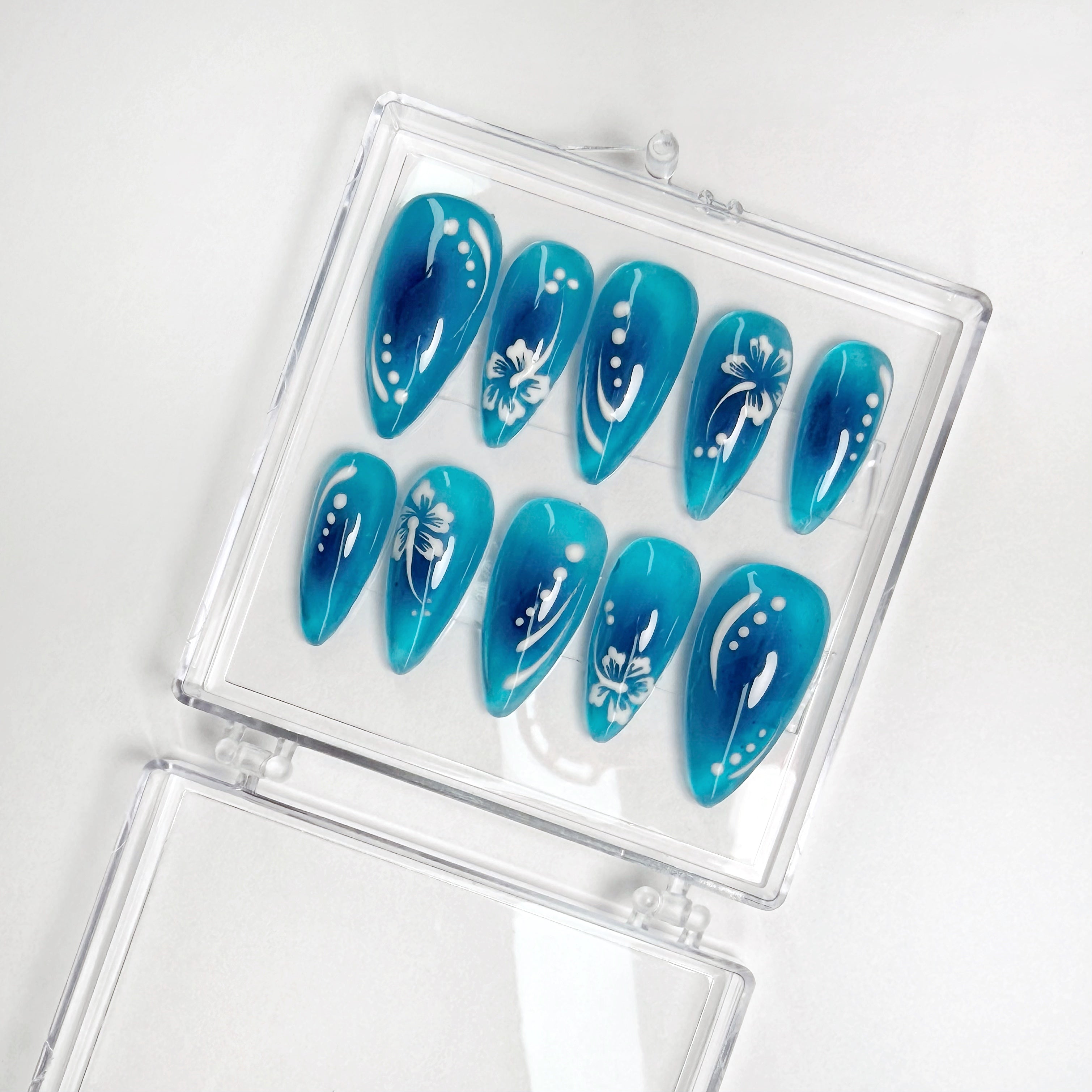 Set of blue nail art designs in a clear case on a white background