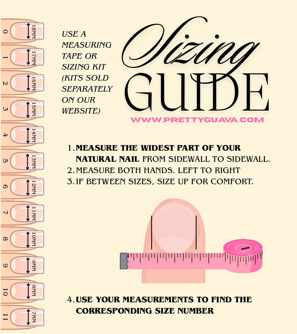 PrettyGuava press-on nail sizing guide showing how to measure the widest part of your natural nail with a measuring tape and match the millimeter measurement to nail sizes 0–11.