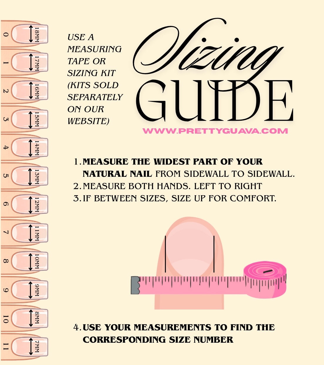 PrettyGuava press-on nail sizing guide showing how to measure the widest part of your natural nail with a measuring tape and match the millimeter measurement to nail sizes 0–11.