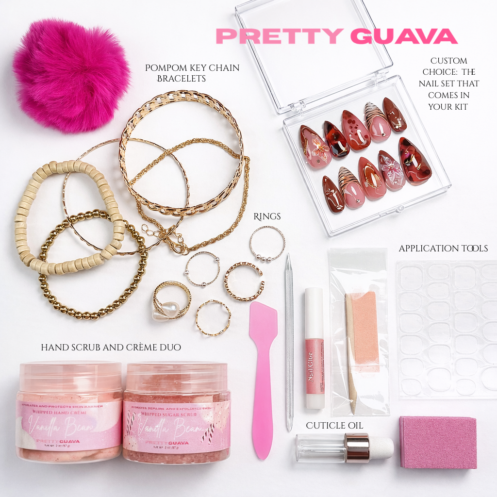 Flat lay product image of a “Pretty Guava” nail kit displayed on a white background. The kit includes a pink pom-pom keychain, stacked gold bracelets, several gold rings, a custom press-on nail set in a clear case with brown and pink designs, a hand scrub and crème duo labeled Vanilla Bean, cuticle oil, nail application tools (nail file, cuticle pusher, buffer, and wooden stick), adhesive nail tabs, and a pink nail tool. Items are neatly arranged and labeled to show what is included in the kit.