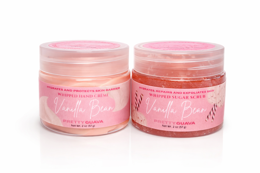 Two jars of 'Vanilla Bean Pretty Guava' whipped hand cream and sugar scrub on a white background