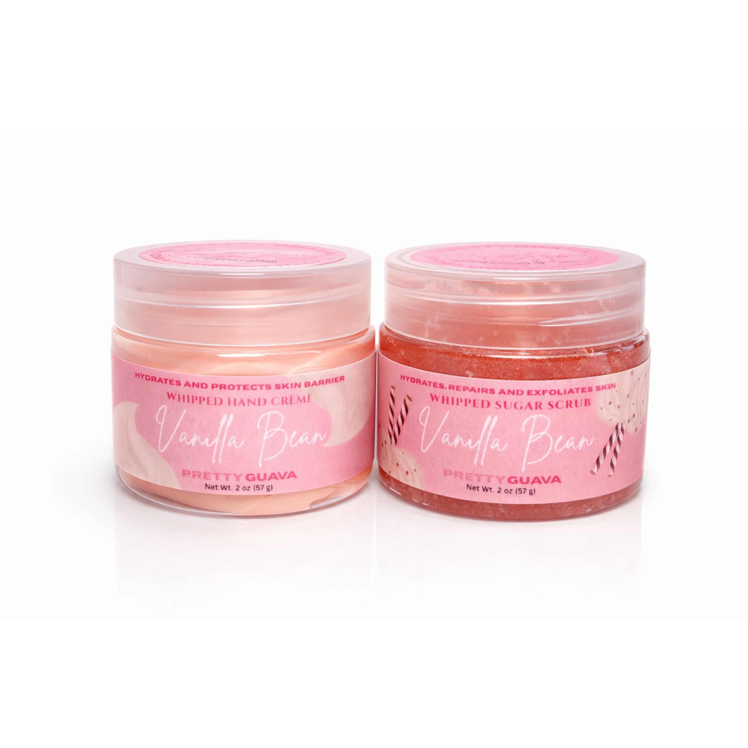Two jars of Pretty Guava Vanilla Bean whipped hand cream and sugar scrub on a white background