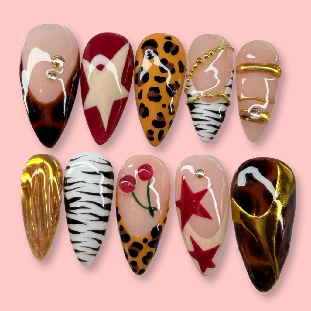 Set of nail art designs on a pink background