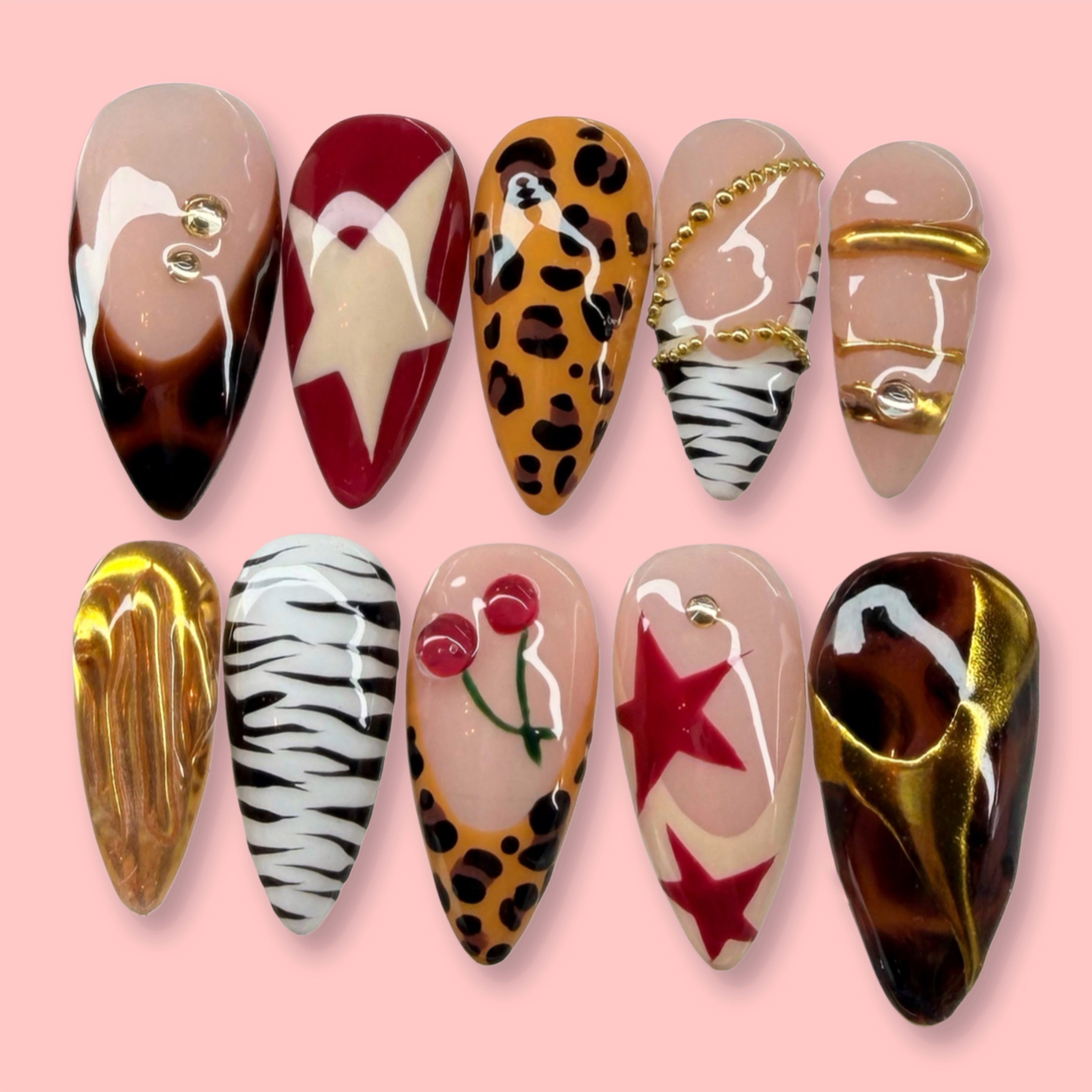 Set of nail art designs on a pink background