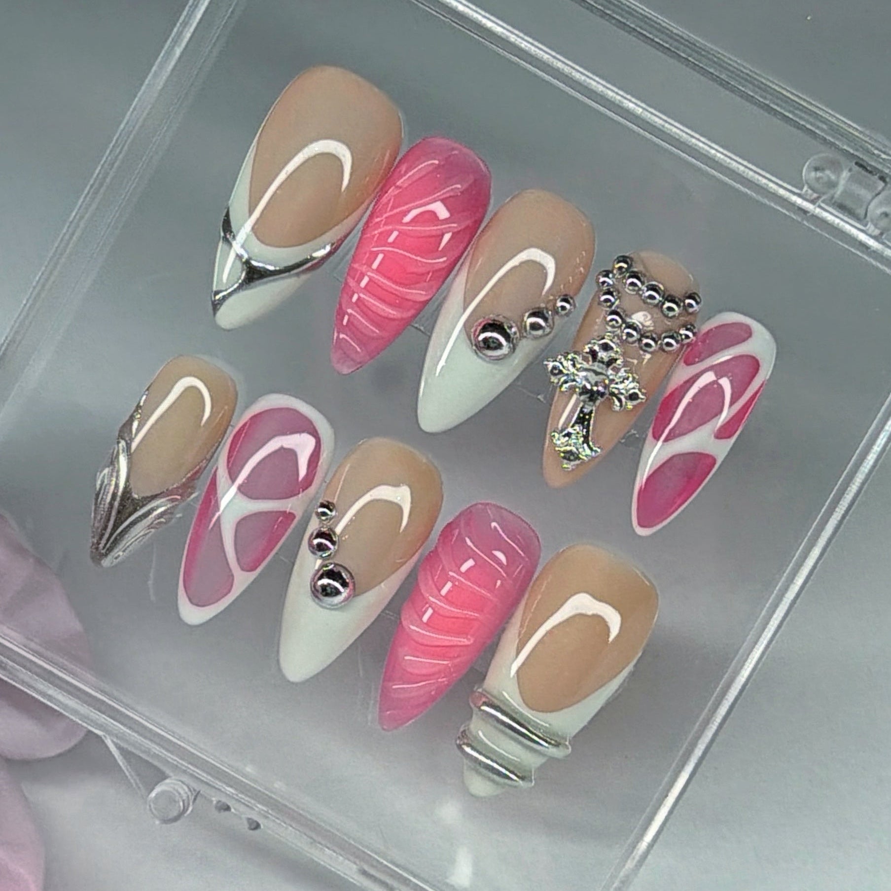 Silver Pink Jelly Press-On Nails